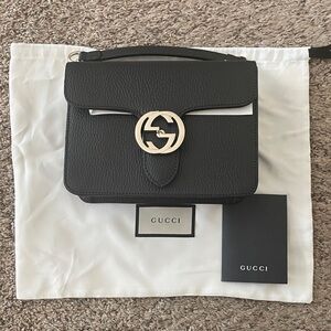 Gucci GG Interlocking Black Leather Crossbody Shoulder Bag with Champagne Accent